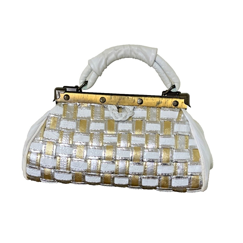 Vintage Frame Handbag Doctor Bag Purse Woven Leather White Gold Silver Metallic